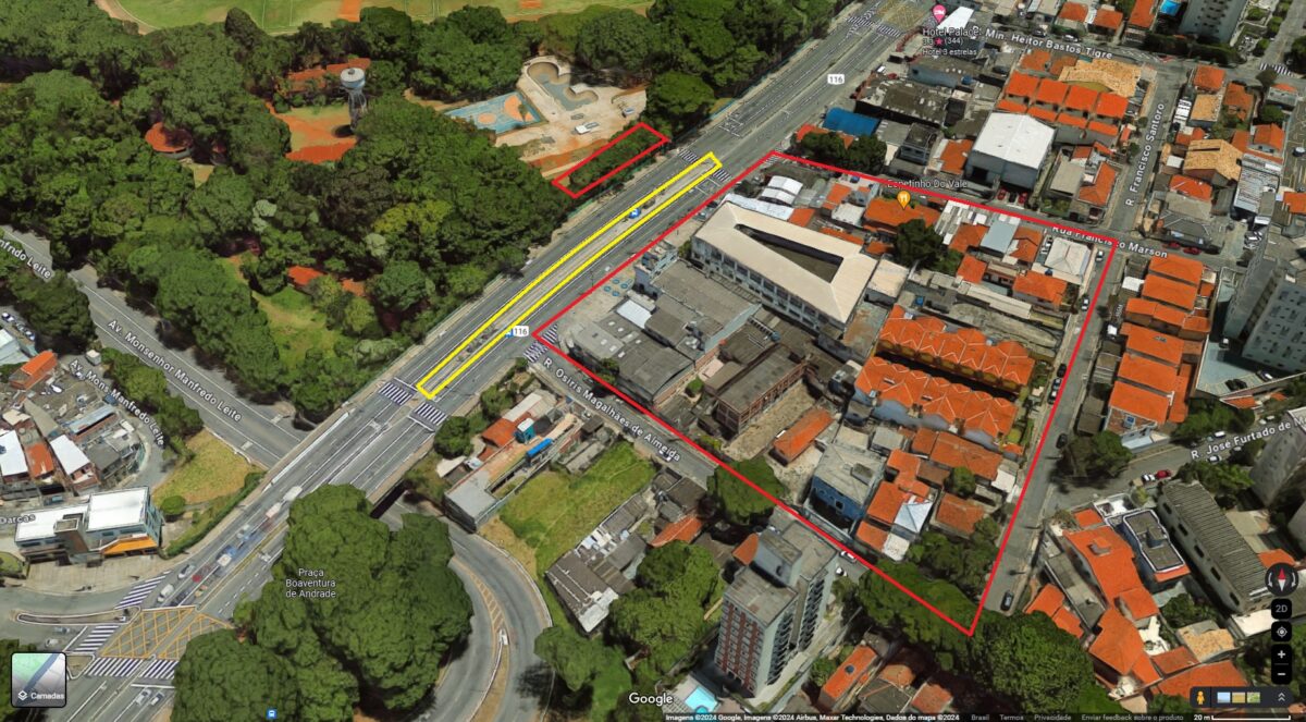 Vermelho - Quadras de implantação da estação Chácara do Jockey Amarelo - Paradas do corredor de ônibus