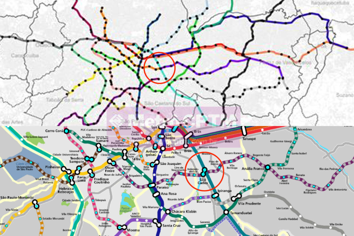 Acima o novo mapa mostrando a Linha 6 e a Linha 16 se encontrando em Parque da Mooca