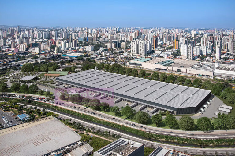 O enorme centro logístico que está sendo construído onde é previsto um pátio de manutenção da Linha 20